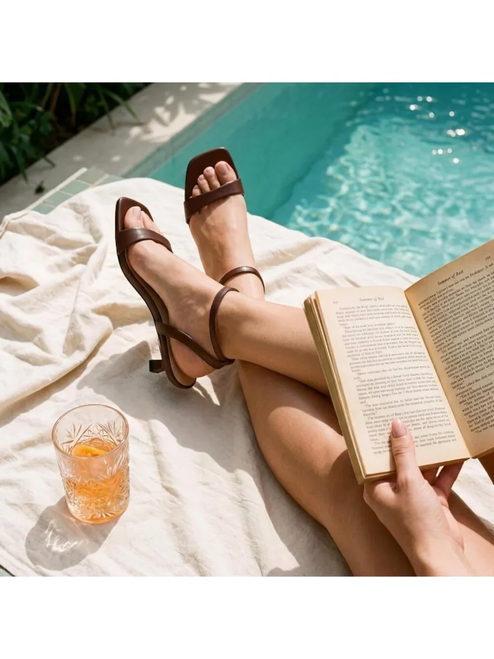 Women's Brown Faux Leather Square Open Toe Ankle Strap Kitten Heel Sandals